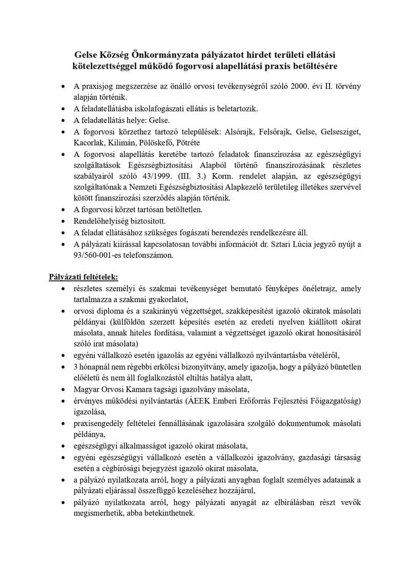 Pályázati hirdetmény fogorvosi praxis betöltésére